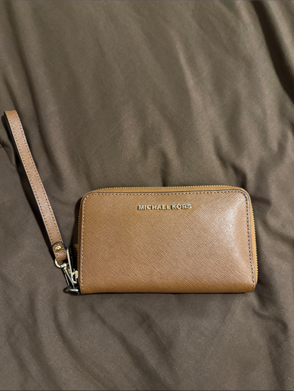 Michael Kors Brown Saffiano Leather Zip Wristlet Wallet